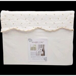Shabby Chic 4pc White Cotton Queen Sheet Set Embroidered Scalloped Tan Polka Dot